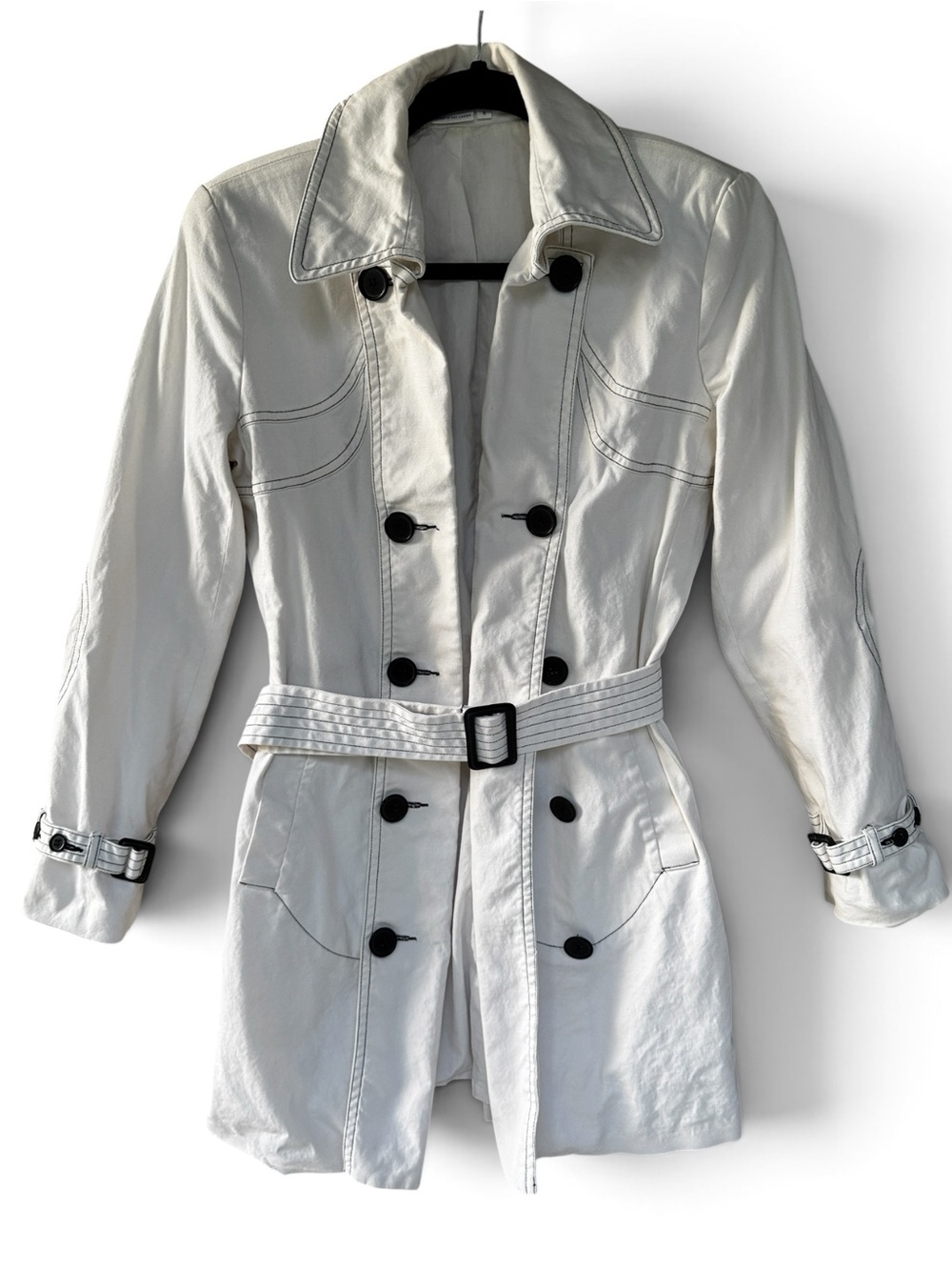 To The Max Trench Coat Women Size 6 White Black Contrast Stitch Belted Y2K